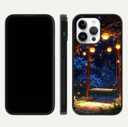Twilight Garden Swing Glass Case for iPhone 16 Pro front & back layout showing garden art and clean edge