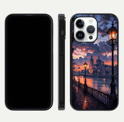 Twilight River Lights Glass Case for iPhone 14 Pro front & back layout showing scenic artwork and smooth curved edges