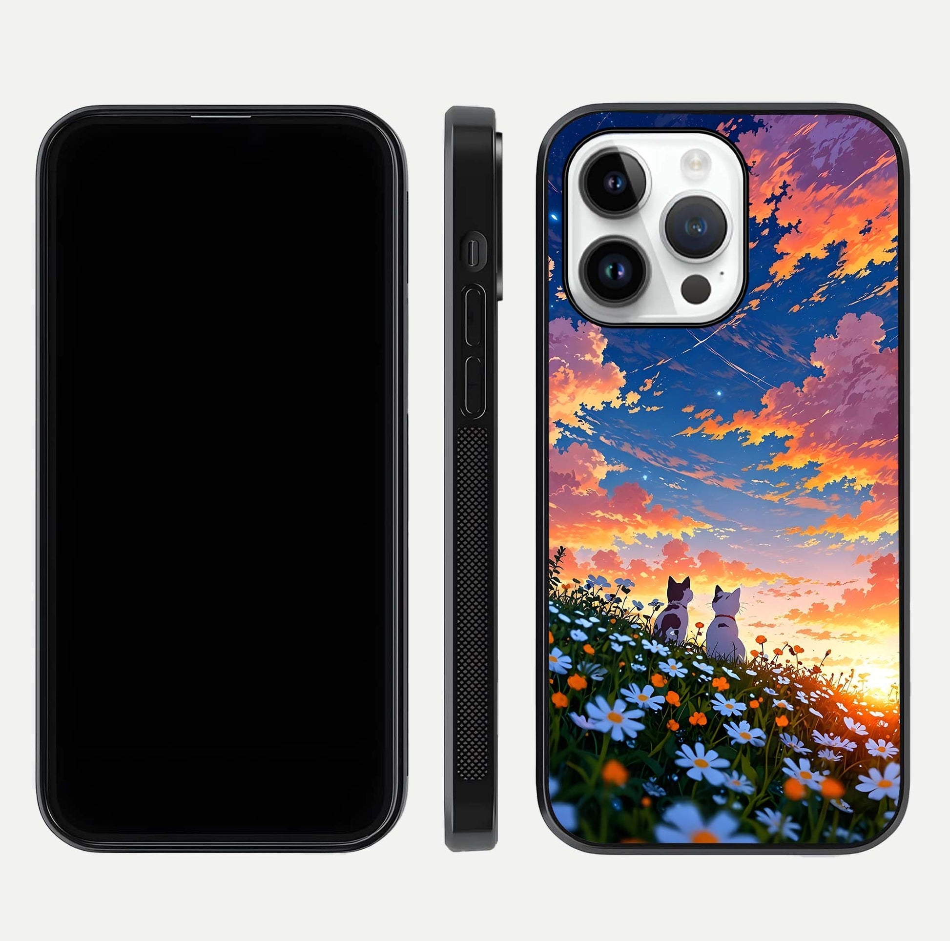 Two Cats Friends Glass Case for iPhone 16 Pro front & back layout showing friendly cat theme and edge design