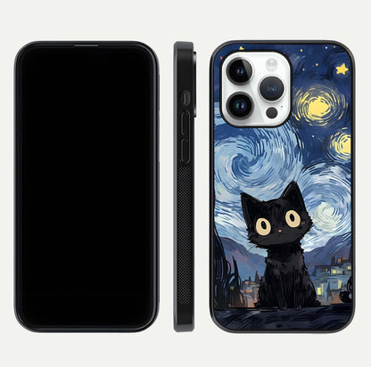 Van Gogh Cat Glass Case for iPhone 14 Pro front & back layout showing detailed art print and curved glass edges