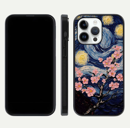 Van Gogh Scenery Glass Case for iPhone 14 Pro front & back layout showing vibrant tones and detailed design
