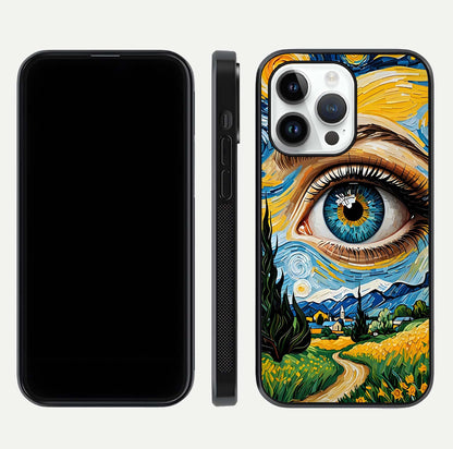Van Gogh Eye Glass Case for iPhone 16 Pro front & back layout showing brushstroke detail and smooth finish