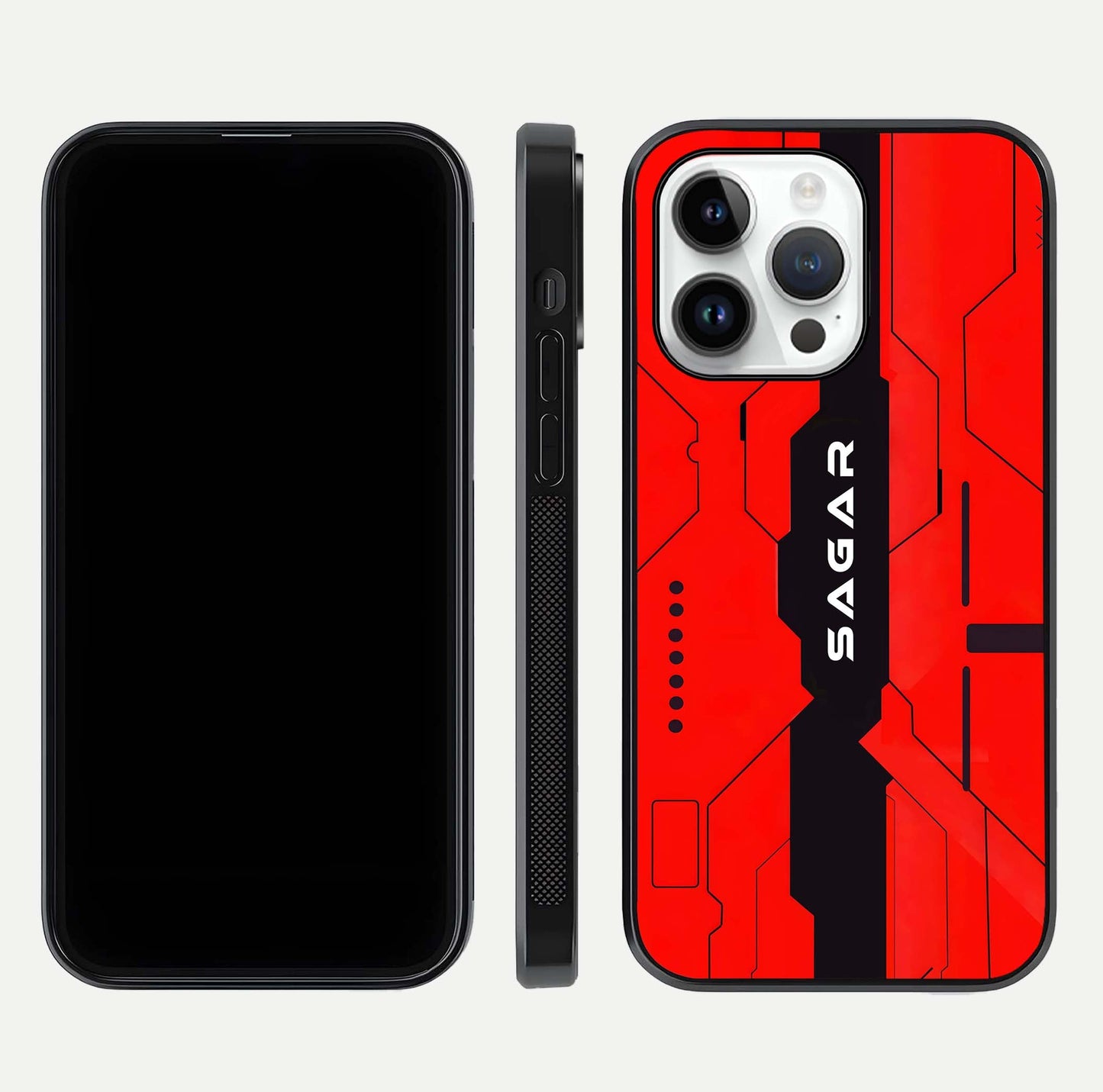Voltage Rise CYBERPUNK Custom Name Glass Case for iPhone 14 Pro front & back layout showing futuristic tones and sleek edge