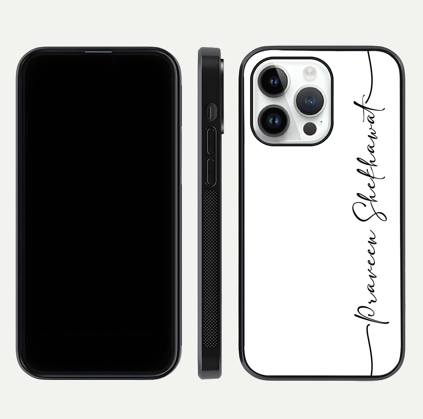White Tune Custom Name Glass Case for iPhone 14 Pro front & back layout showing clean design and text placement