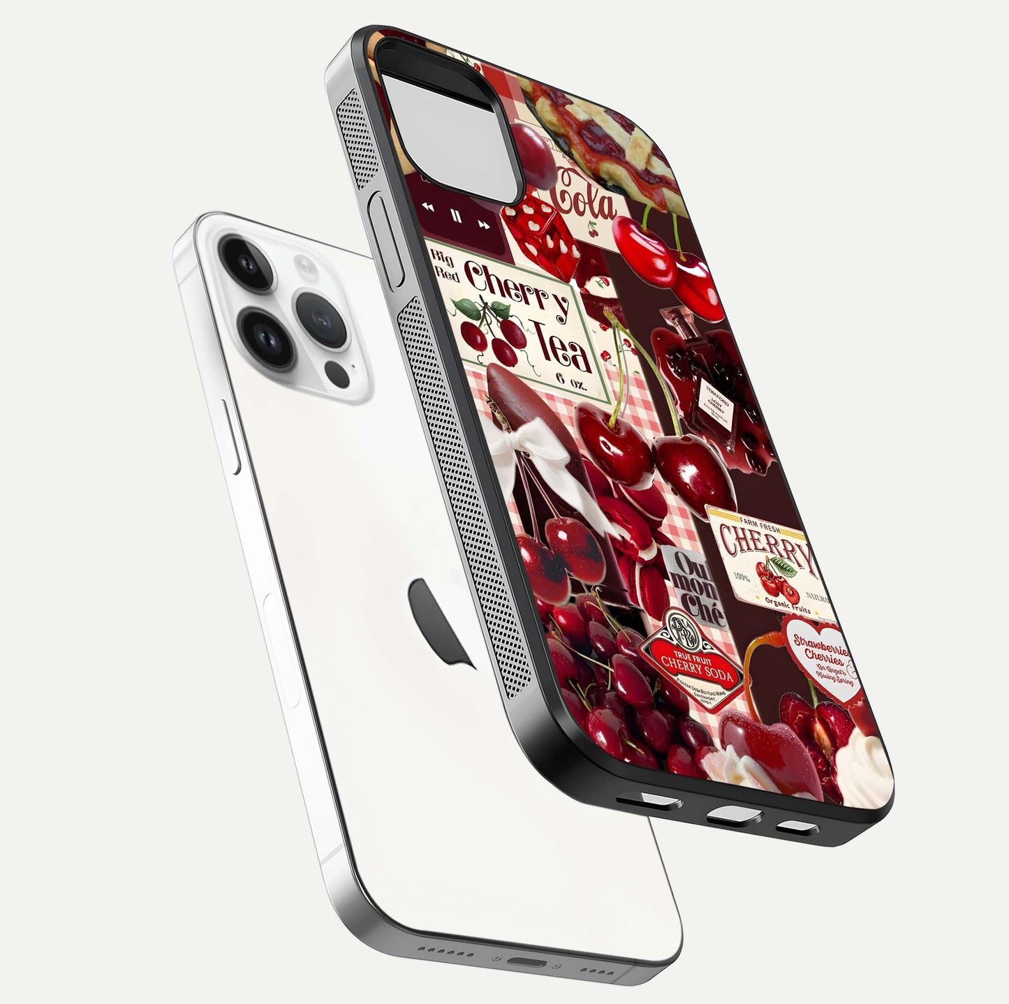 Aesthetic Cherry Tea Glass Case for iPhone 16 Pro floating dual-view mockup showing edge design and detailed cherry pattern gloss texture