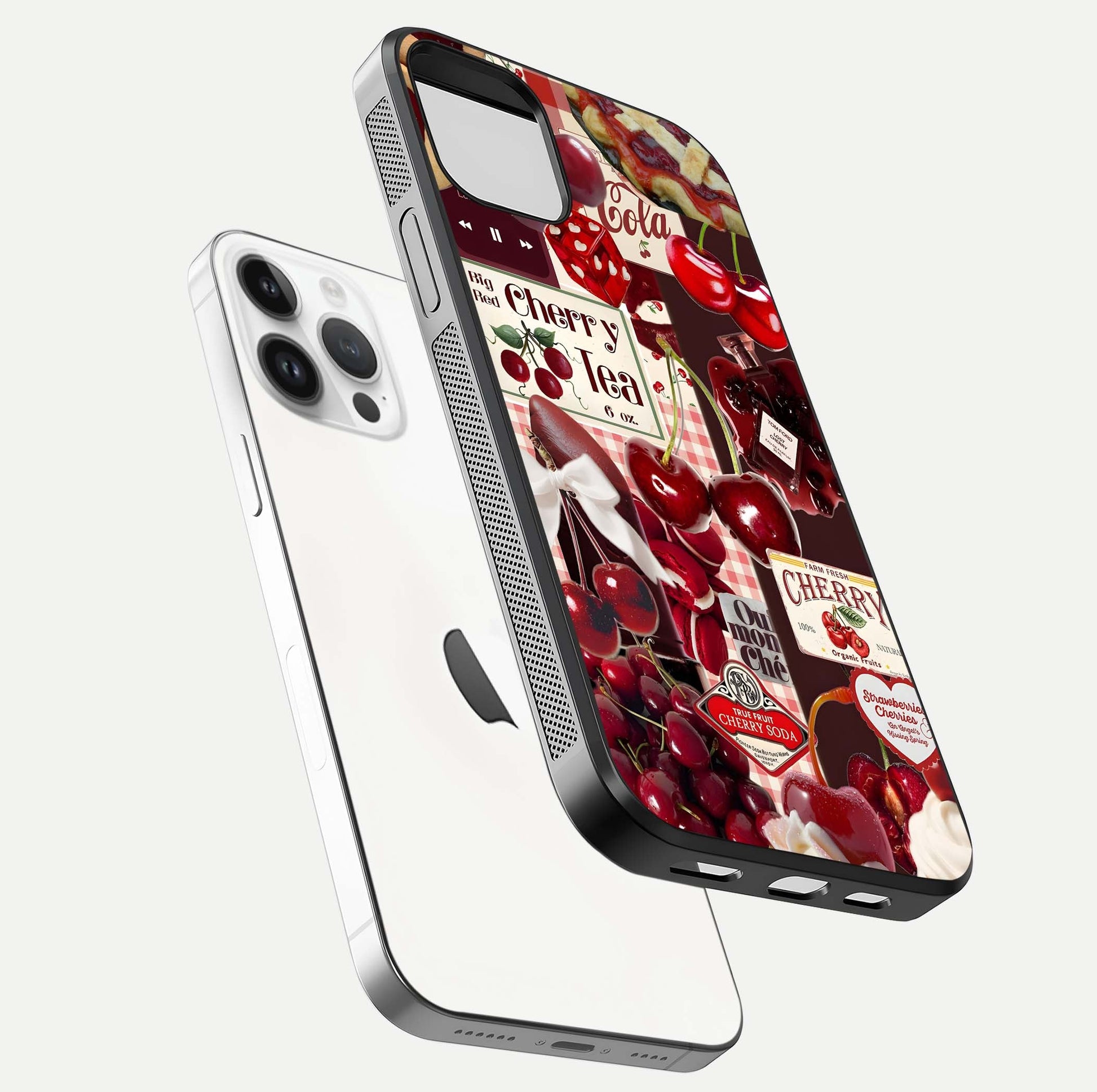 Aesthetic Cherry Tea Glass Case for iPhone 16 Pro floating dual-view mockup showing edge design and detailed cherry pattern gloss texture