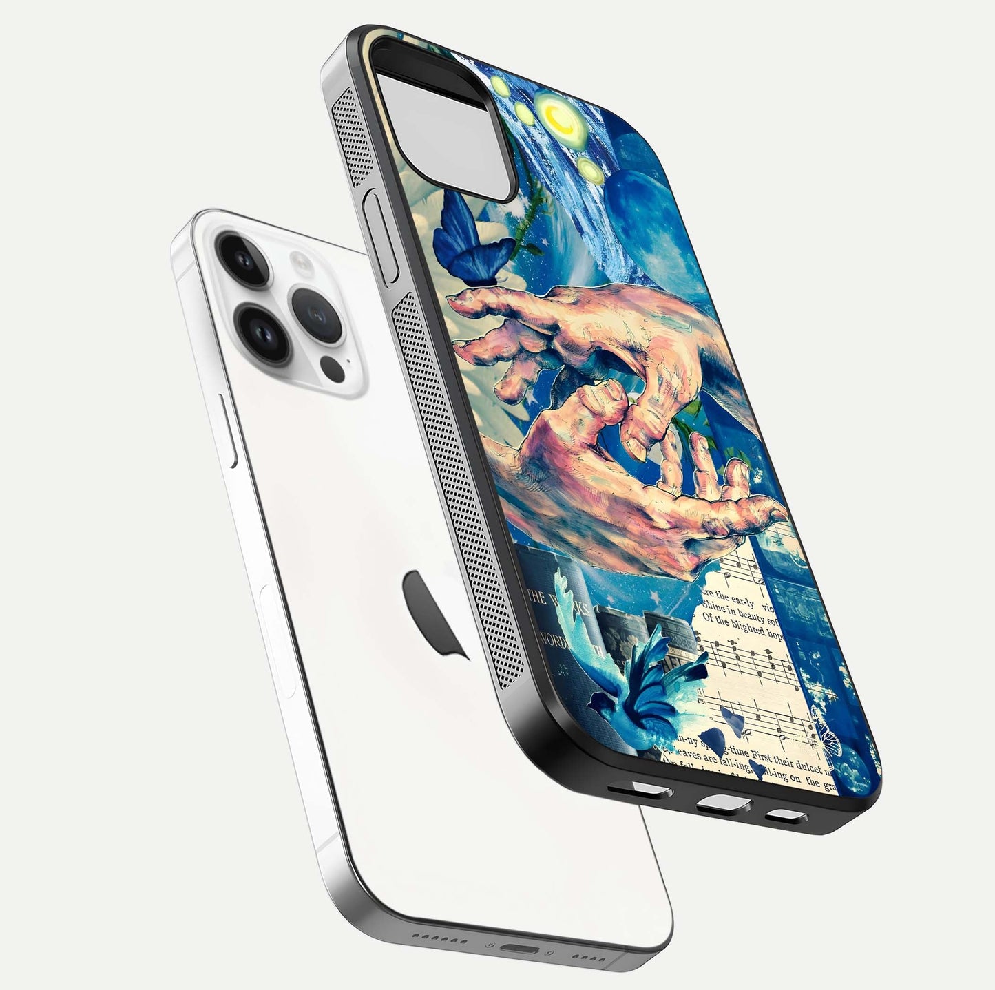 Aesthetic Divider Glass Case for iPhone 16 Pro floating dual-view mockup showing edge design and detailed divider gloss texture