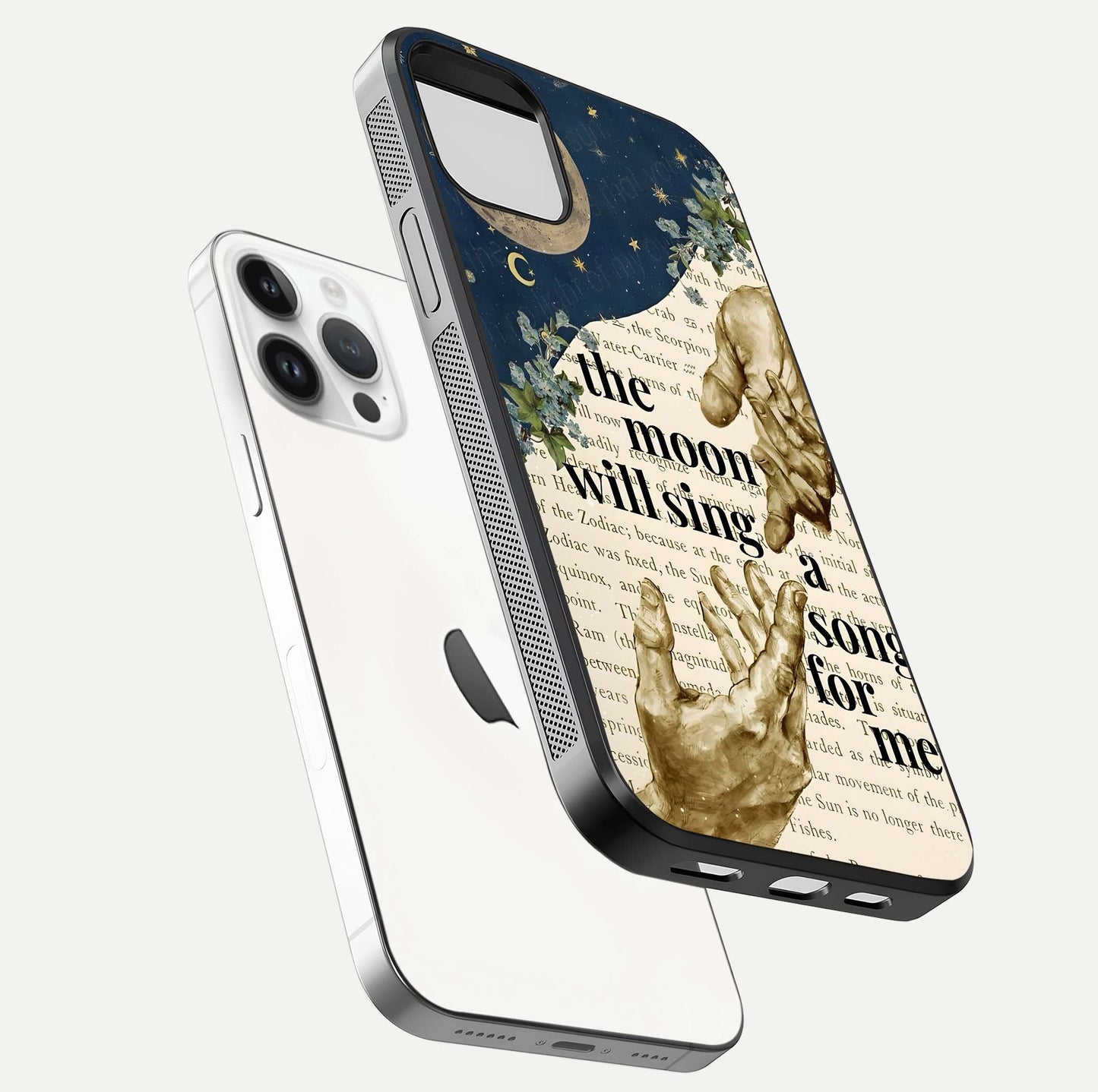 Aesthetic Divine Glass Case for iPhone 16 Pro floating dual-view mockup showing edge design and divine art gloss texture