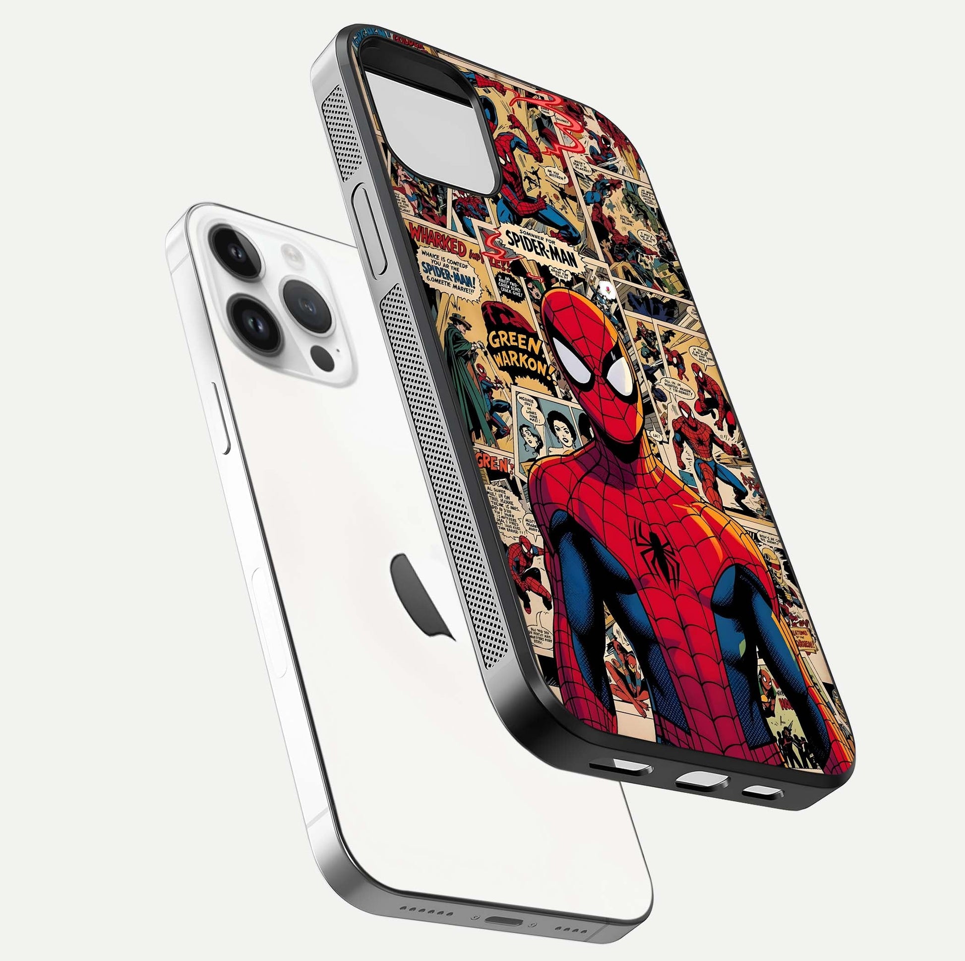 Aesthetic Spider Man Glass Case for iPhone 16 Pro floating dual-view mockup showing edge design and detailed Spider-Man gloss texture