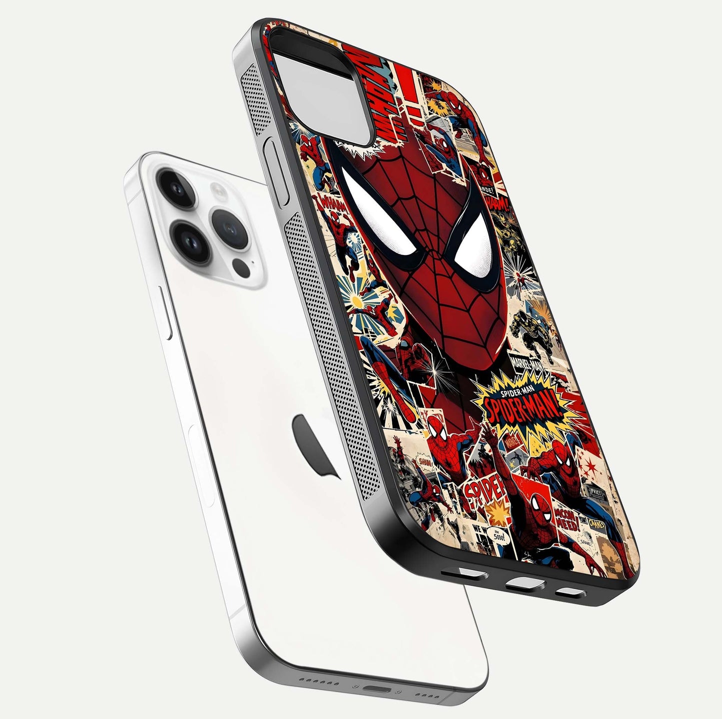 Aesthetic Wonder Spider Glass Case for iPhone 16 Pro floating mockup emphasizing superhero art and glossy reflection