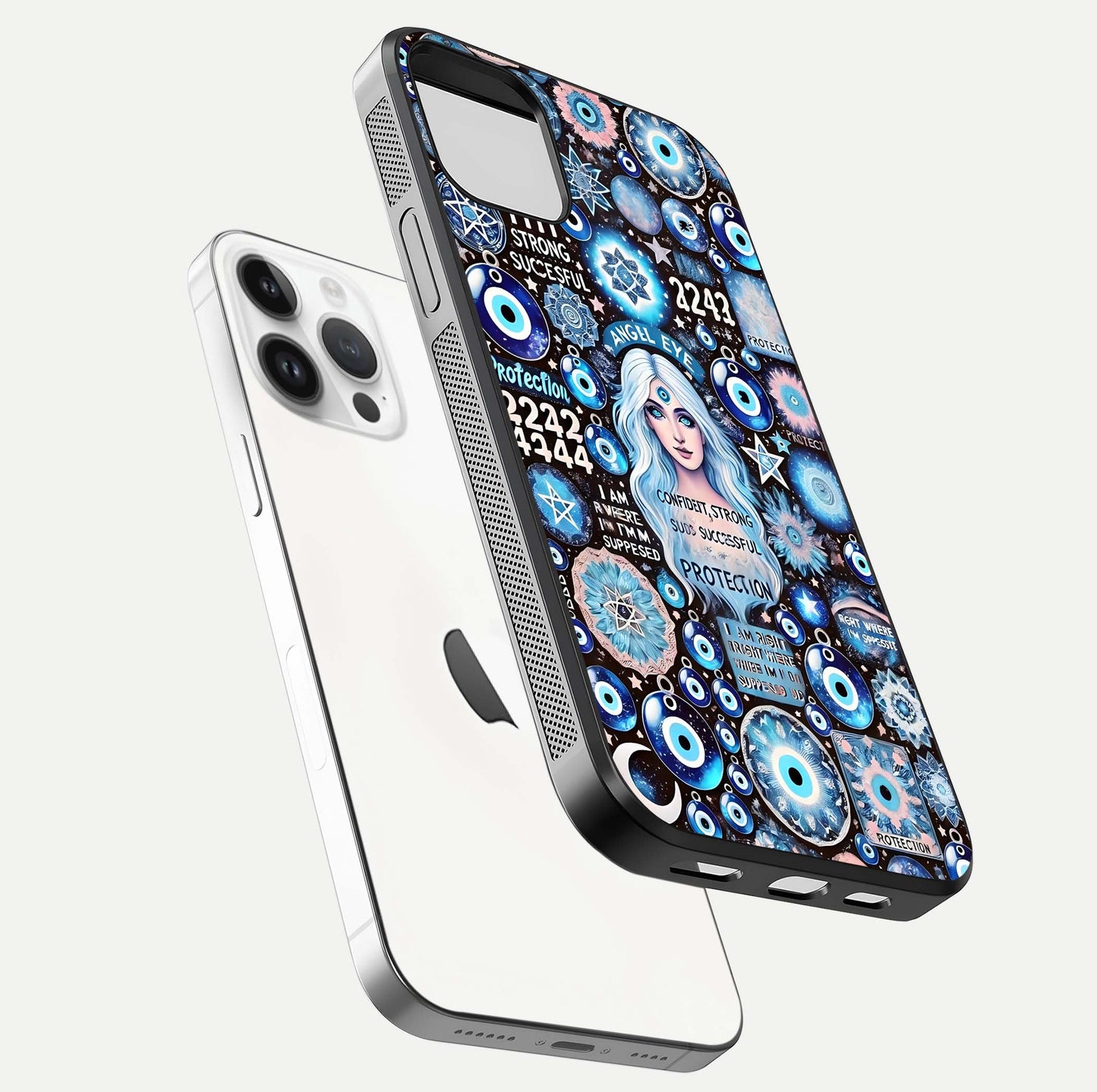 Angel Aura Shield Glass Case for iPhone 16 Pro floating angle showing light reflection and protective edge structure