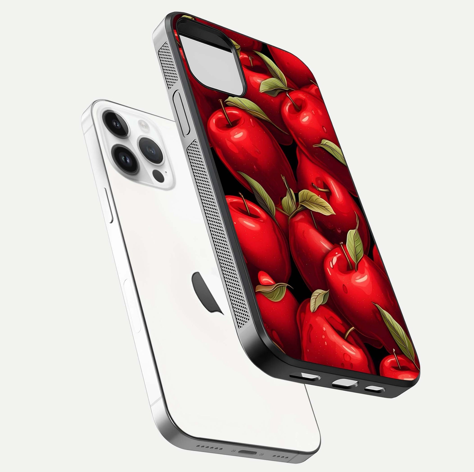 Apple Pattern Glass Case for iPhone 16 Pro floating mockup with smooth edge detailing and pattern clarity