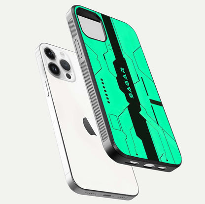 Aqua Tech CYBERPUNK Custom Name Glass Case for iPhone 16 Pro floating mockup highlighting name customization area