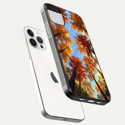 Autumn Sky Rise Glass Case for iPhone 16 Pro floating dual-view mockup with sky horizon and glossy highlights