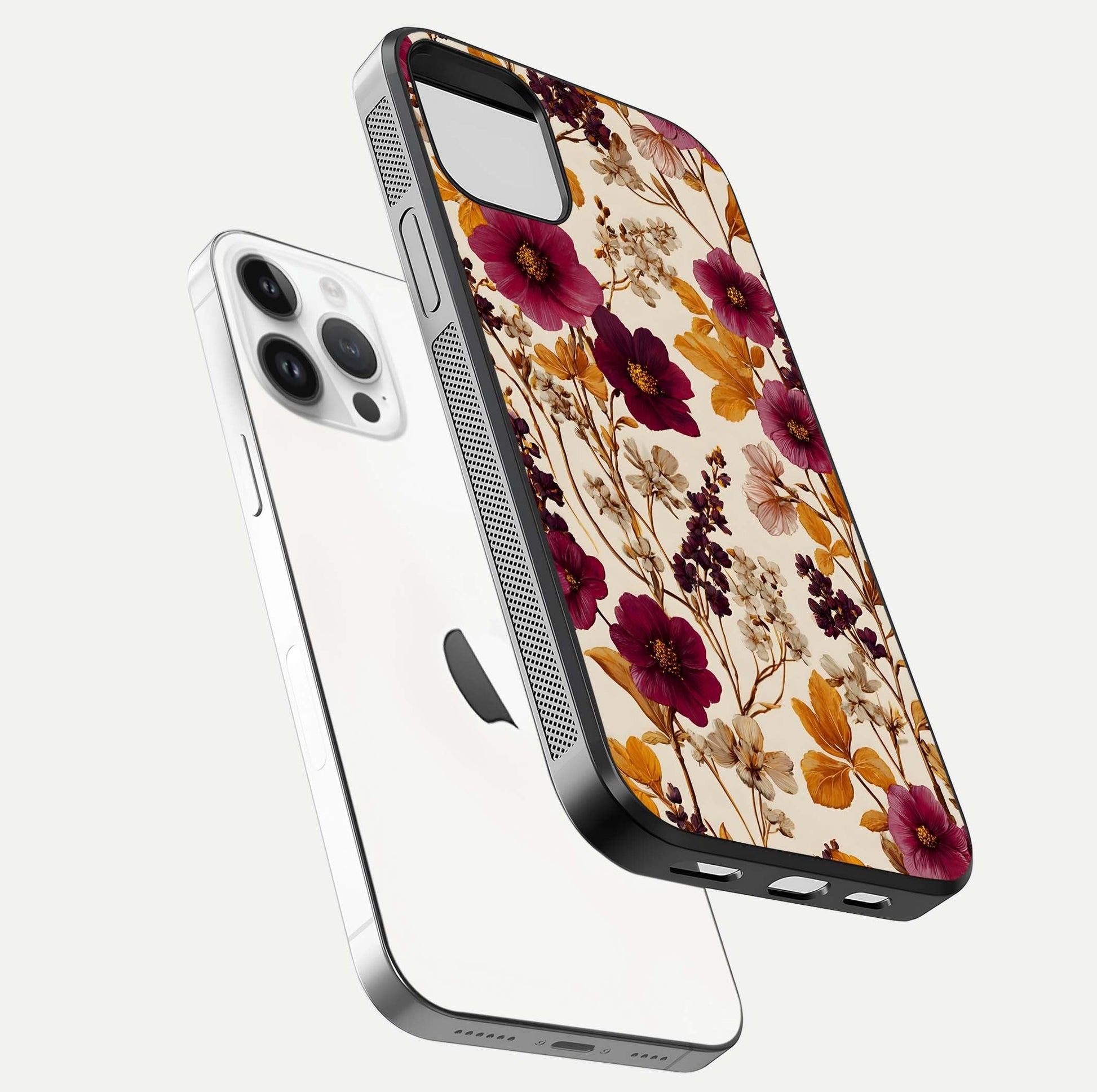 Autumn Wine Bloom Glass Case for iPhone 16 Pro floating mockup with premium floral gradient and protection edge