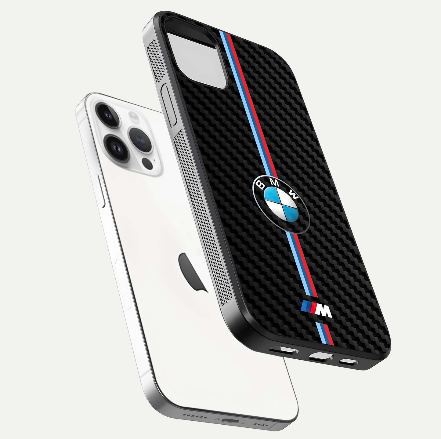 BMW Pattern Glass Case for iPhone 14 Pro floating mockup highlighting clean lines and metallic accent reflection