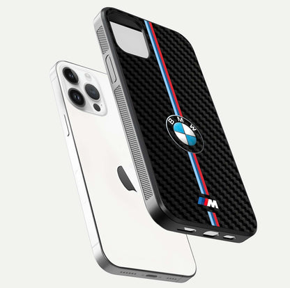 BMW Pattern Glass Case for iPhone 14 Pro floating mockup highlighting clean lines and metallic accent reflection
