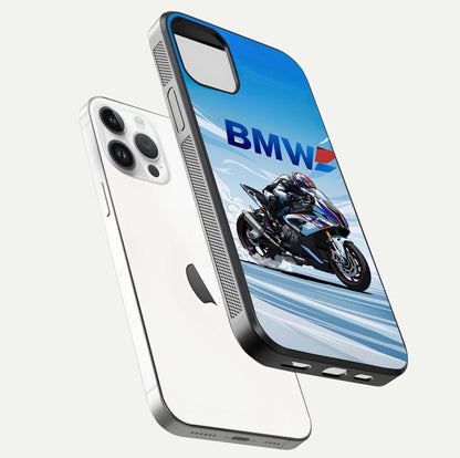 BMW Power Drift Glass Case for iPhone 14 Pro floating mockup displaying bold drift artwork and glossy polish