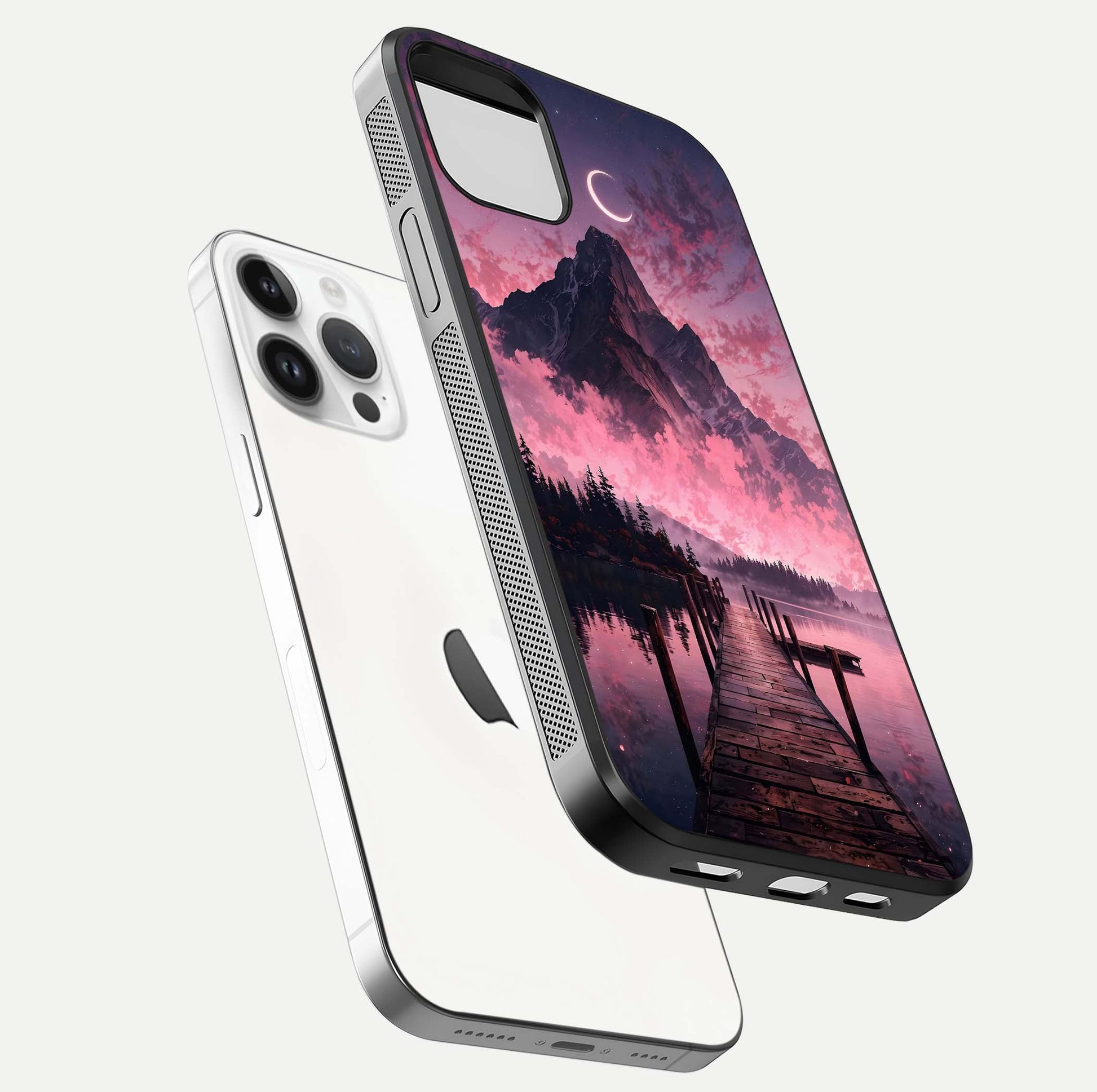 Beautyful Mountain View Glass Case for iPhone 16 Pro floating dual mockup showing edges and reflective sky print