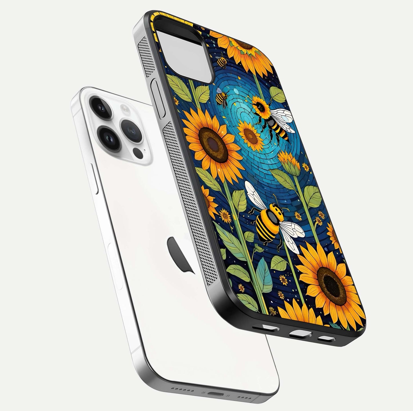 Bees & Sunflowers Glass Case for iPhone 16 Pro floating dual-view mockup displaying vibrant yellow tones and gloss texture