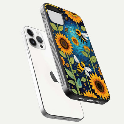 Bees & Sunflowers Glass Case for iPhone 16 Pro floating dual-view mockup displaying vibrant yellow tones and gloss texture