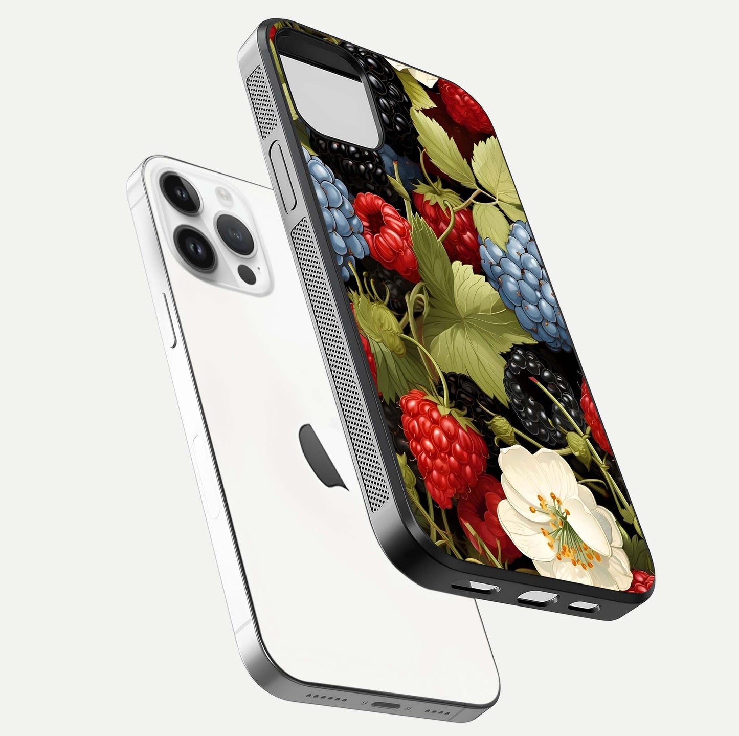 Berry Bloom Charm Glass Case for iPhone 14 Pro floating mockup capturing glossy reflection and curved-edge finish