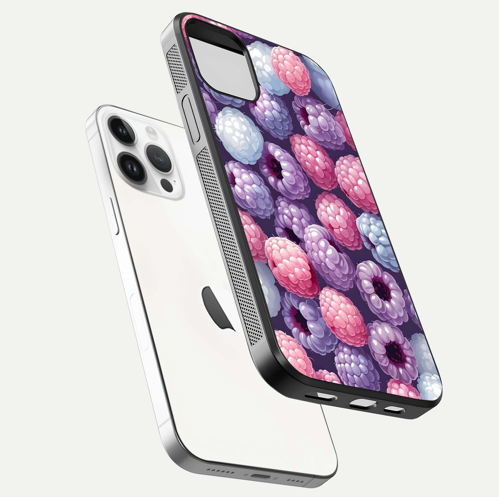 Berry Candy Pop Glass Case for iPhone 16 Pro floating dual-view mockup highlighting gloss shine and curved edges