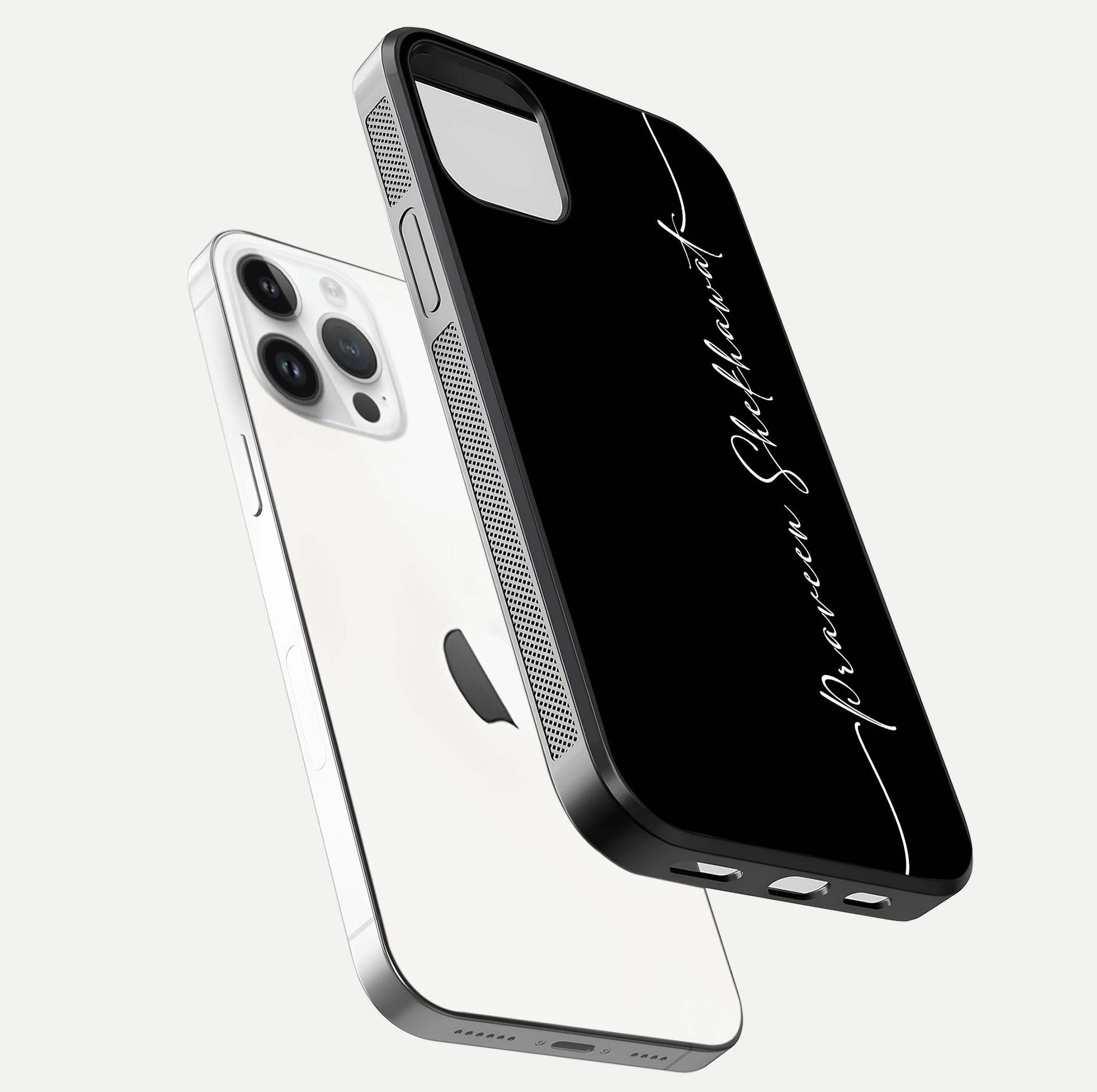 Black Tune Custom Name Glass Case for iPhone 16 Pro floating dual-view mockup emphasizing modern glossy texture