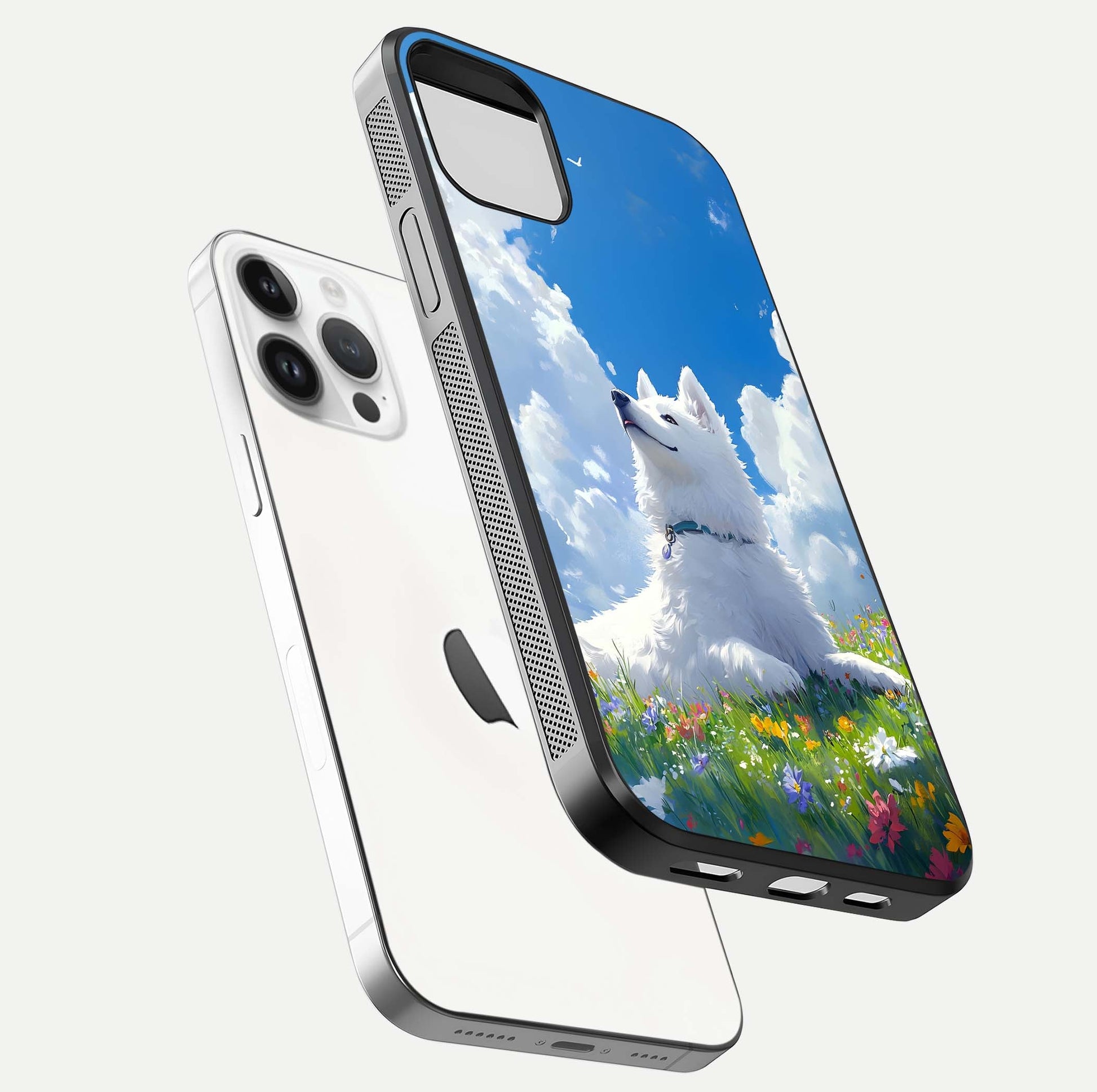 Blissful Cloud Pup Glass Case for iPhone 16 Pro floating mockup capturing playful aesthetic and gloss finish