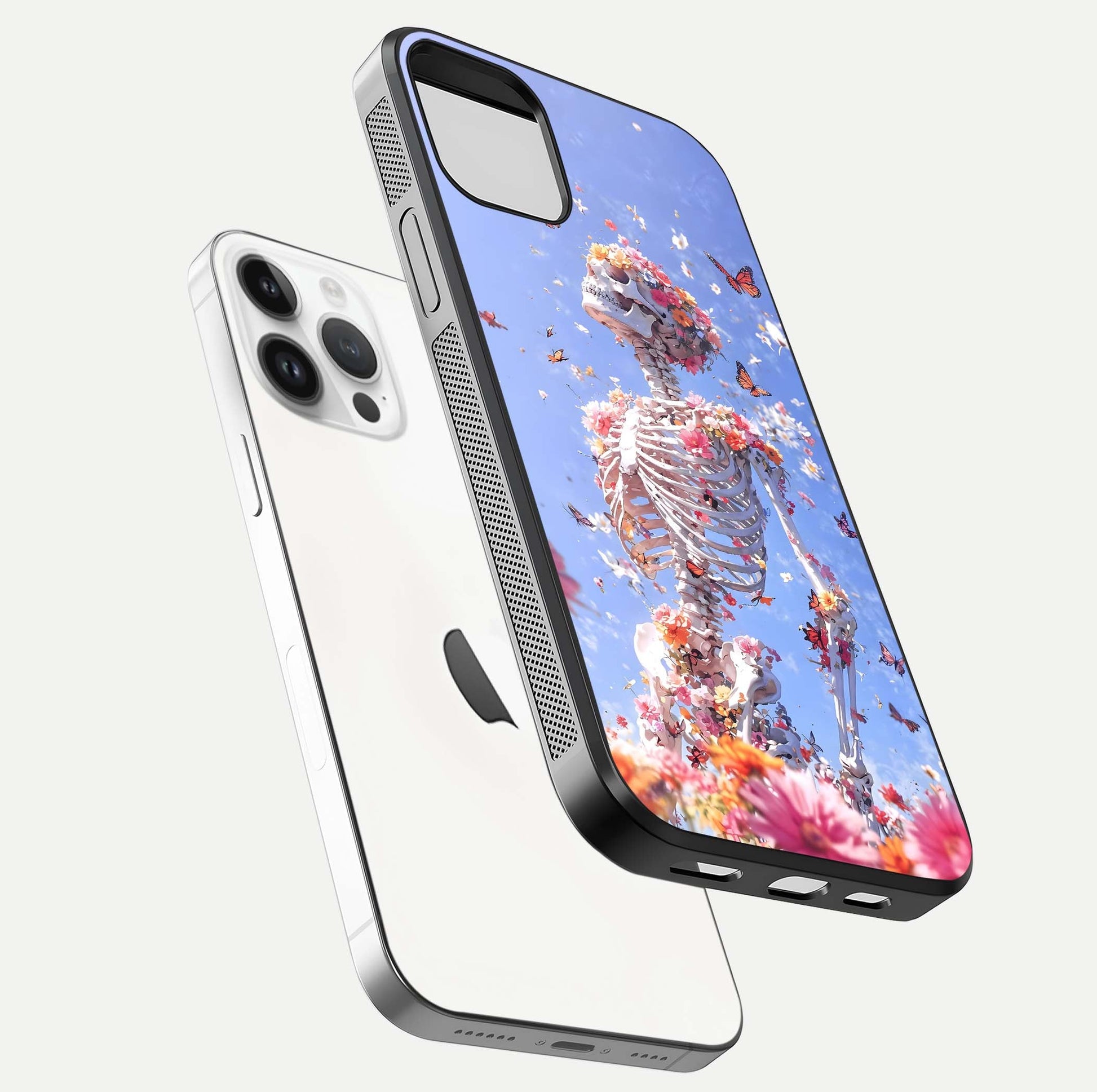 Bloom Beyond Bones Glass Case for iPhone 14 Pro floating mockup displaying shine, texture, and gloss detail