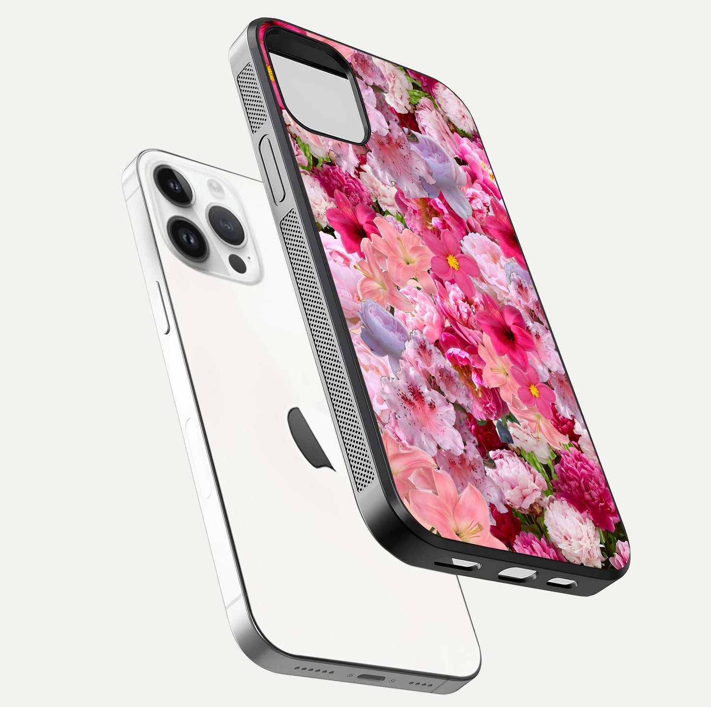 Bloom Crush Fantasy Glass Case for iPhone 16 Pro floating mockup showing floral pattern clarity and HD glass
