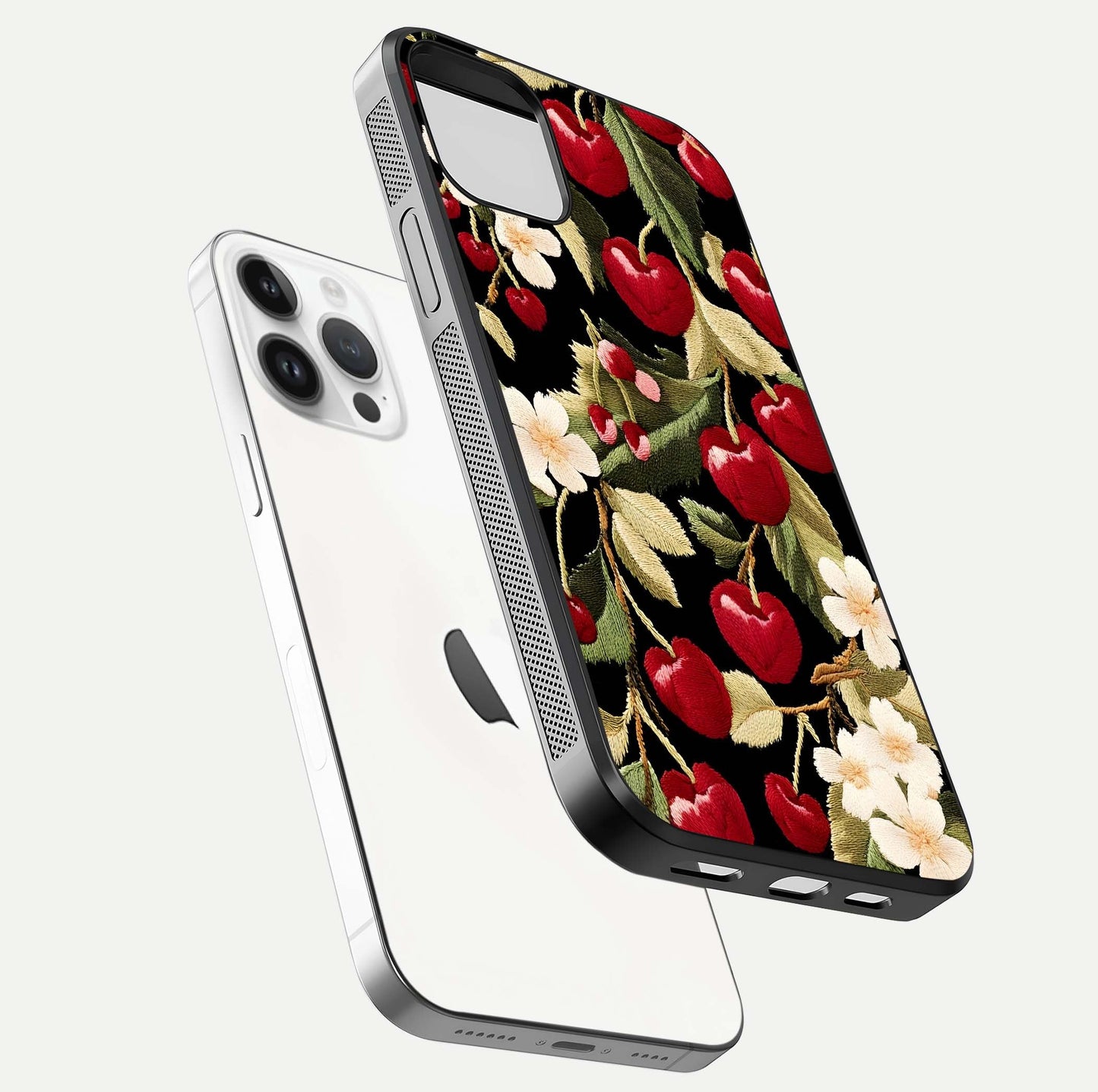 Bloom Thread Art Glass Case for iPhone 14 Pro floating mockup showing premium reflection and stitched art vibe