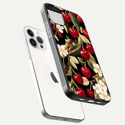 Bloom Thread Art Glass Case for iPhone 14 Pro floating mockup showing premium reflection and stitched art vibe