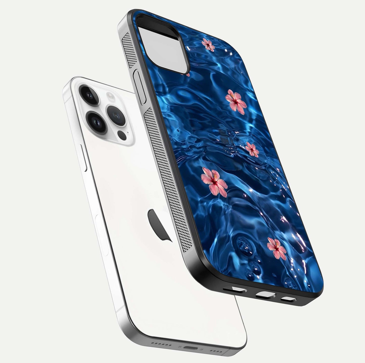 Blooming Water Drift Glass Case for iPhone 16 Pro floating dual-view mockup showing floral drift pattern and reflective surface