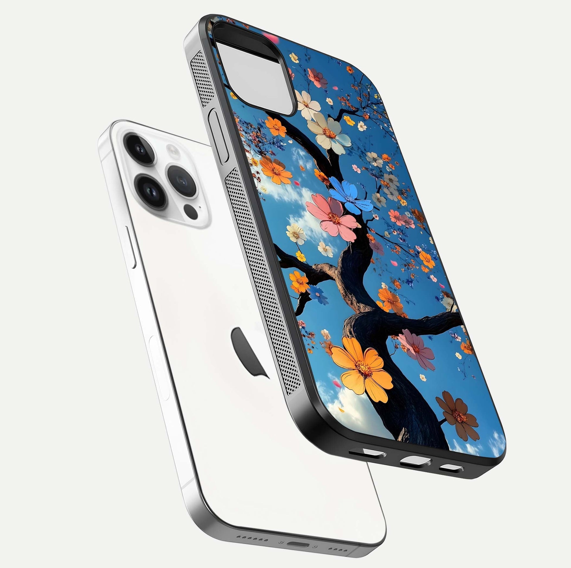 Blossom Dream Sky Glass Case for iPhone 14 Pro floating dual-mockup displaying smooth finish and elegant sky tones
