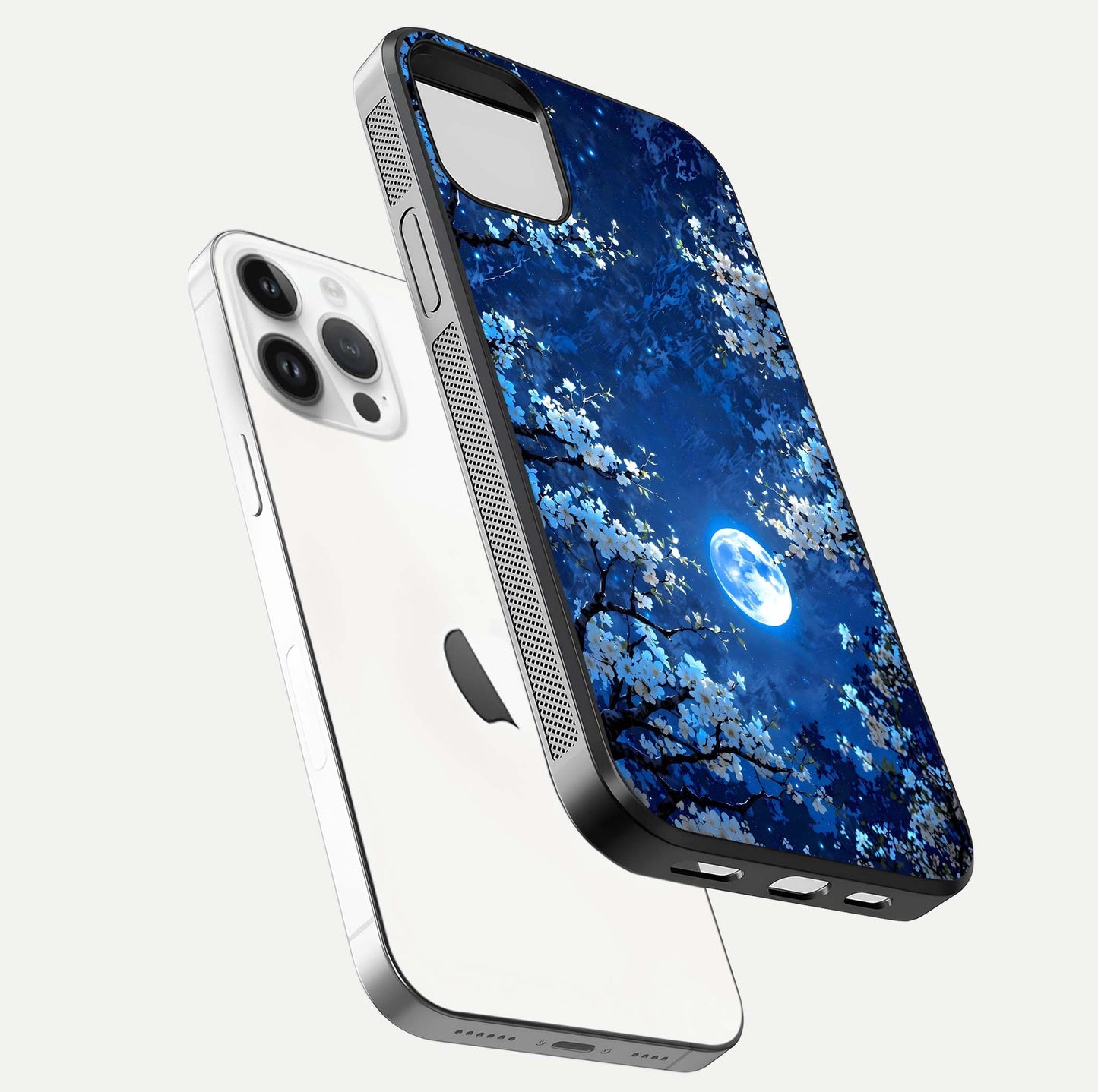 Blossom Moonlight Sky Glass Case for iPhone 16 Pro floating mockup showing glowing moon accent and HD gloss texture