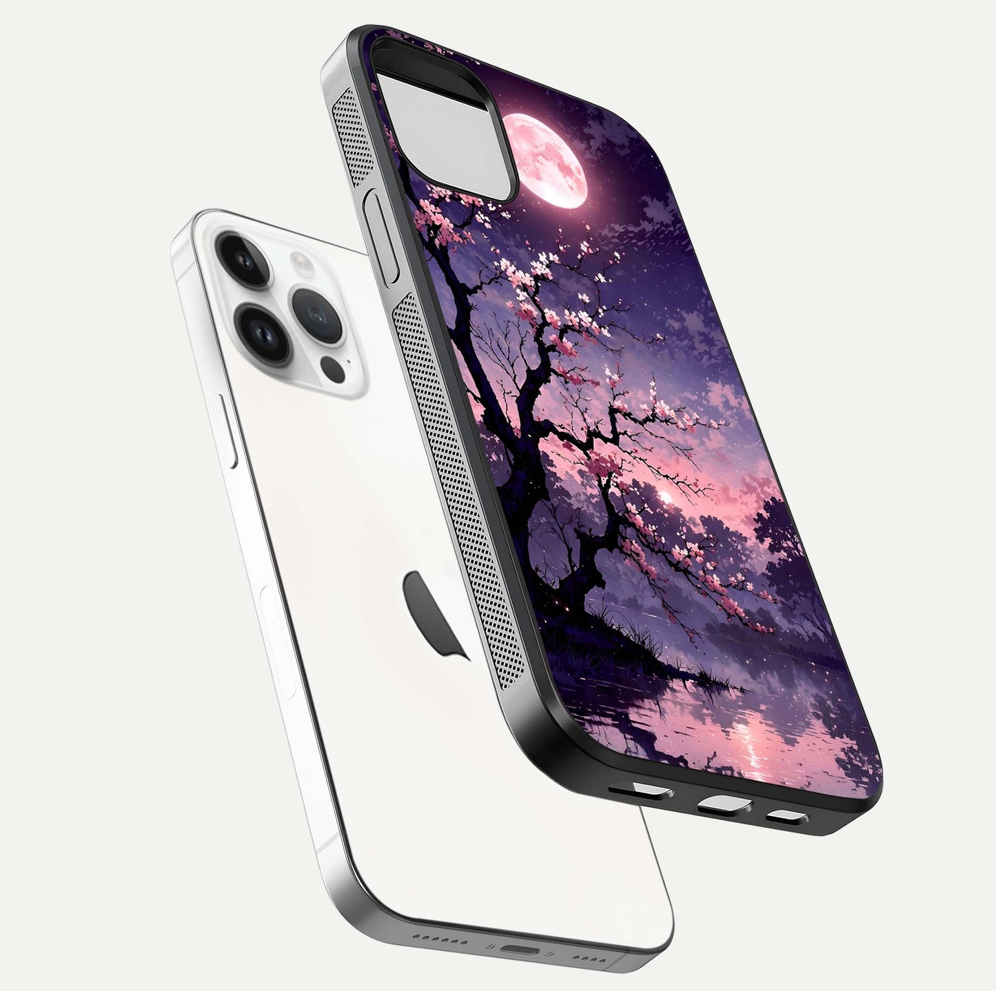 Blossom Pink Moon Glass Case for iPhone 14 Pro floating mockup emphasizing dreamy pink moon aura and smooth finish
