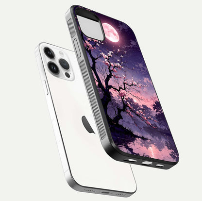 Blossom Pink Moon Glass Case for iPhone 14 Pro floating mockup emphasizing dreamy pink moon aura and smooth finish