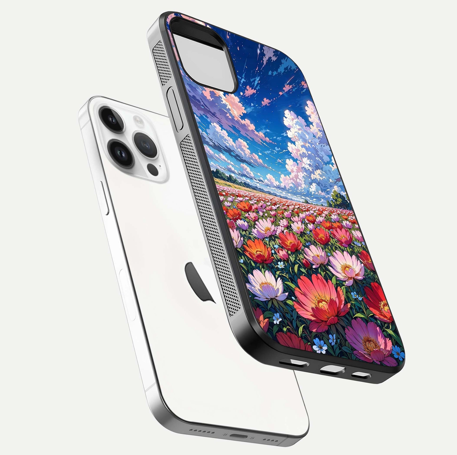 Blossom Sky Field Glass Case for iPhone 16 Pro floating mockup displaying sky bloom concept with smooth finish