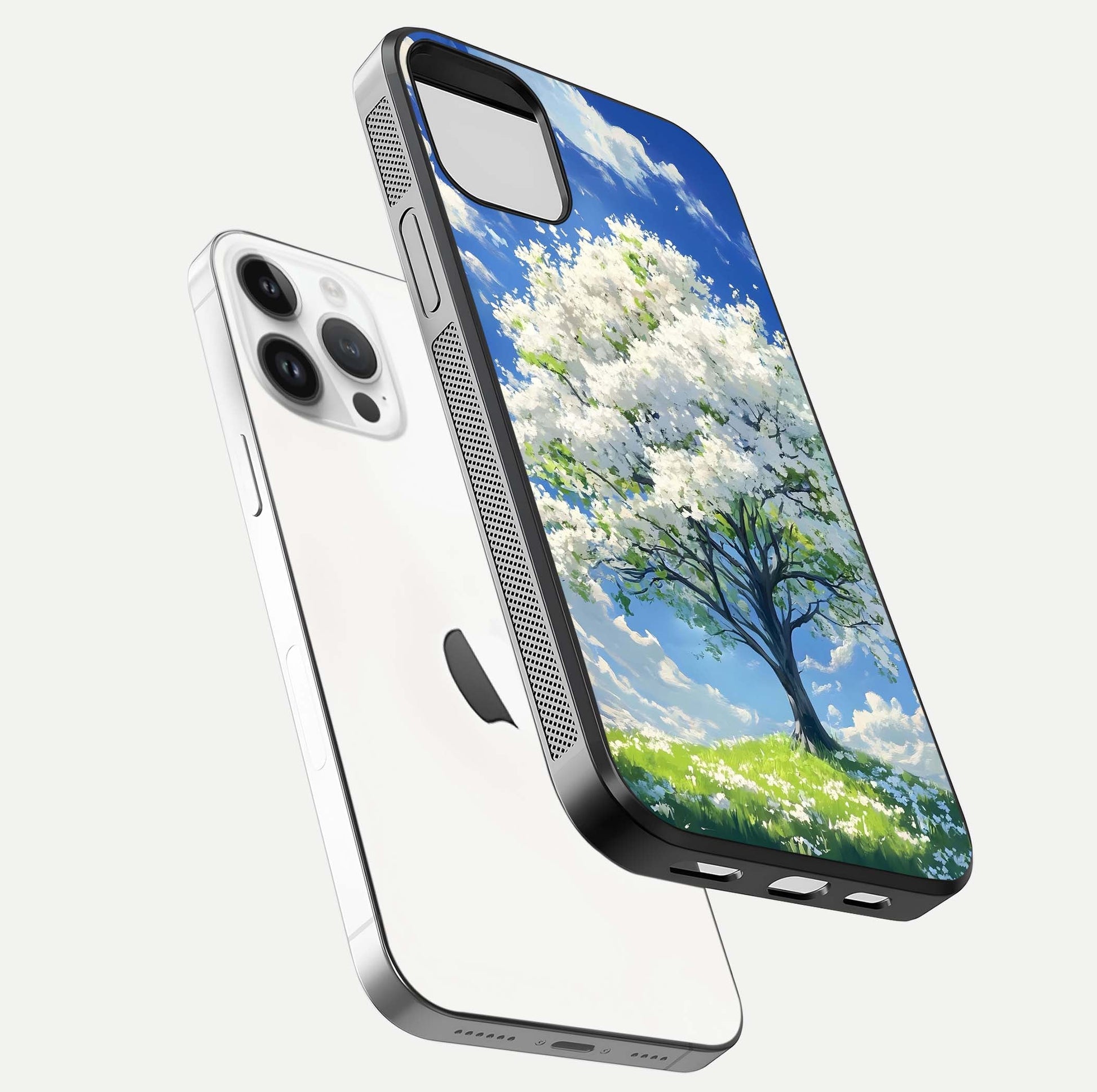 Blossom Sky Serenity Glass Case for iPhone 14 Pro floating mockup capturing gloss surface and tranquil design