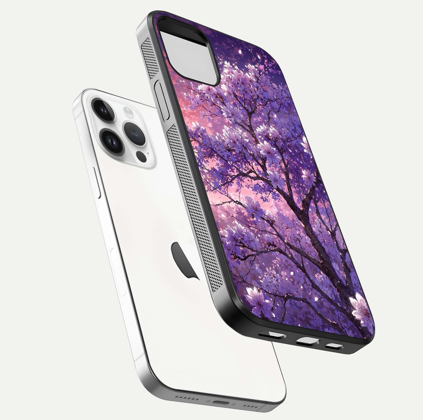 Blossom Tree Glass Case for iPhone 14 Pro floating dual-mockup displaying texture detail and curved edges