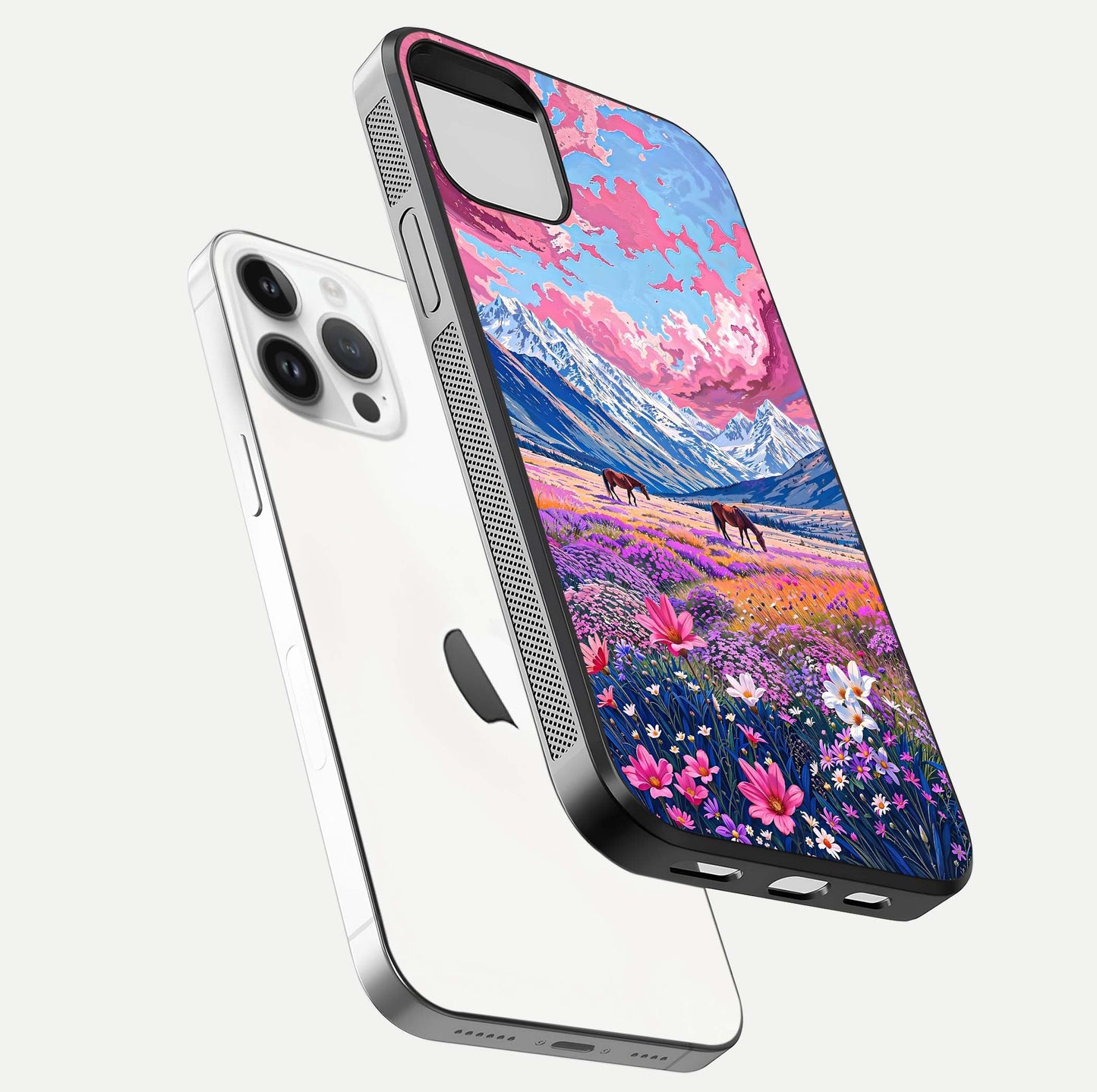 Blossom Valley Dream Glass Case for iPhone 14 Pro floating mockup showing floral valley blend and reflective surface