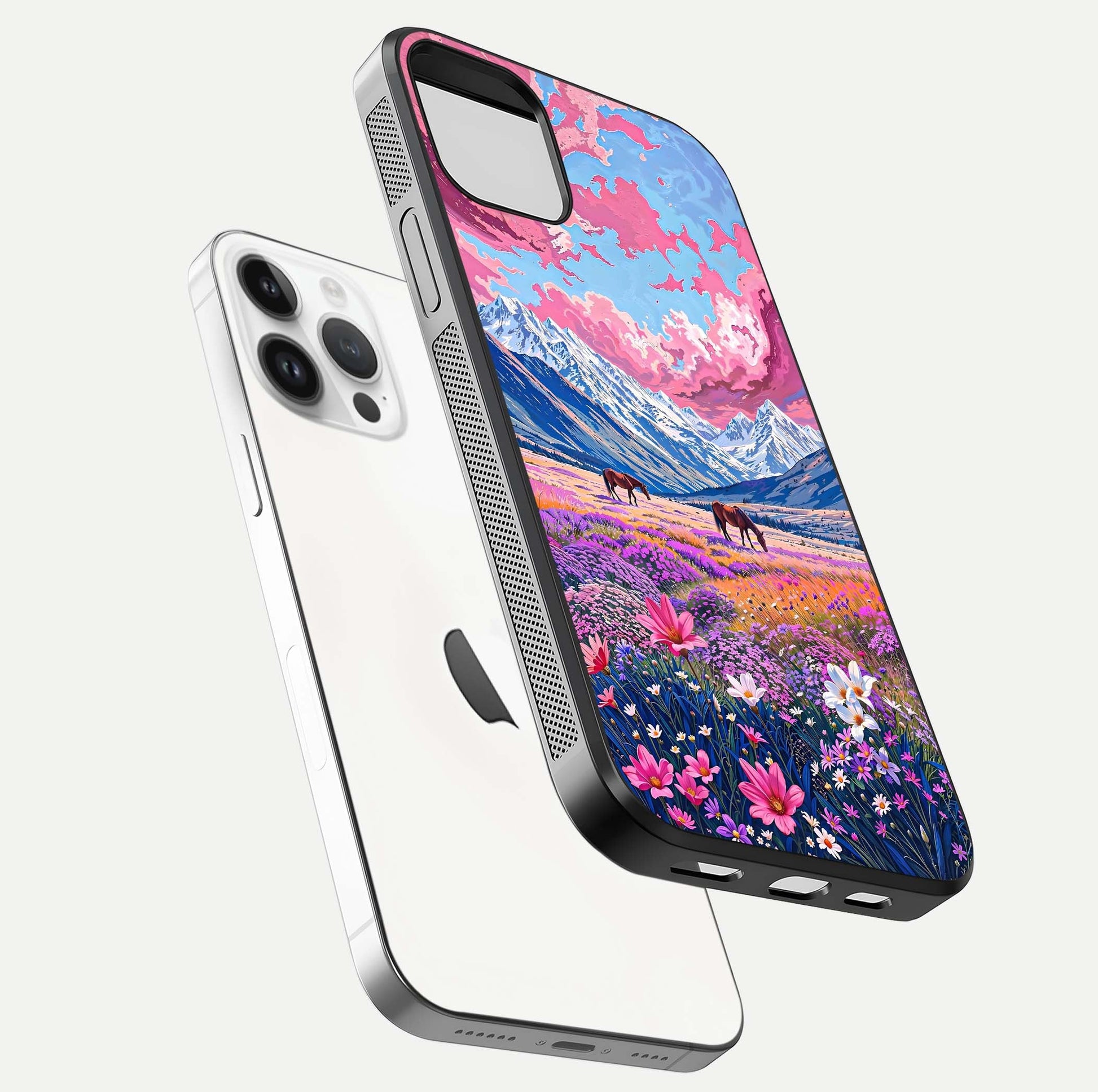 Blossom Valley Dream Glass Case for iPhone 14 Pro floating mockup showing floral valley blend and reflective surface