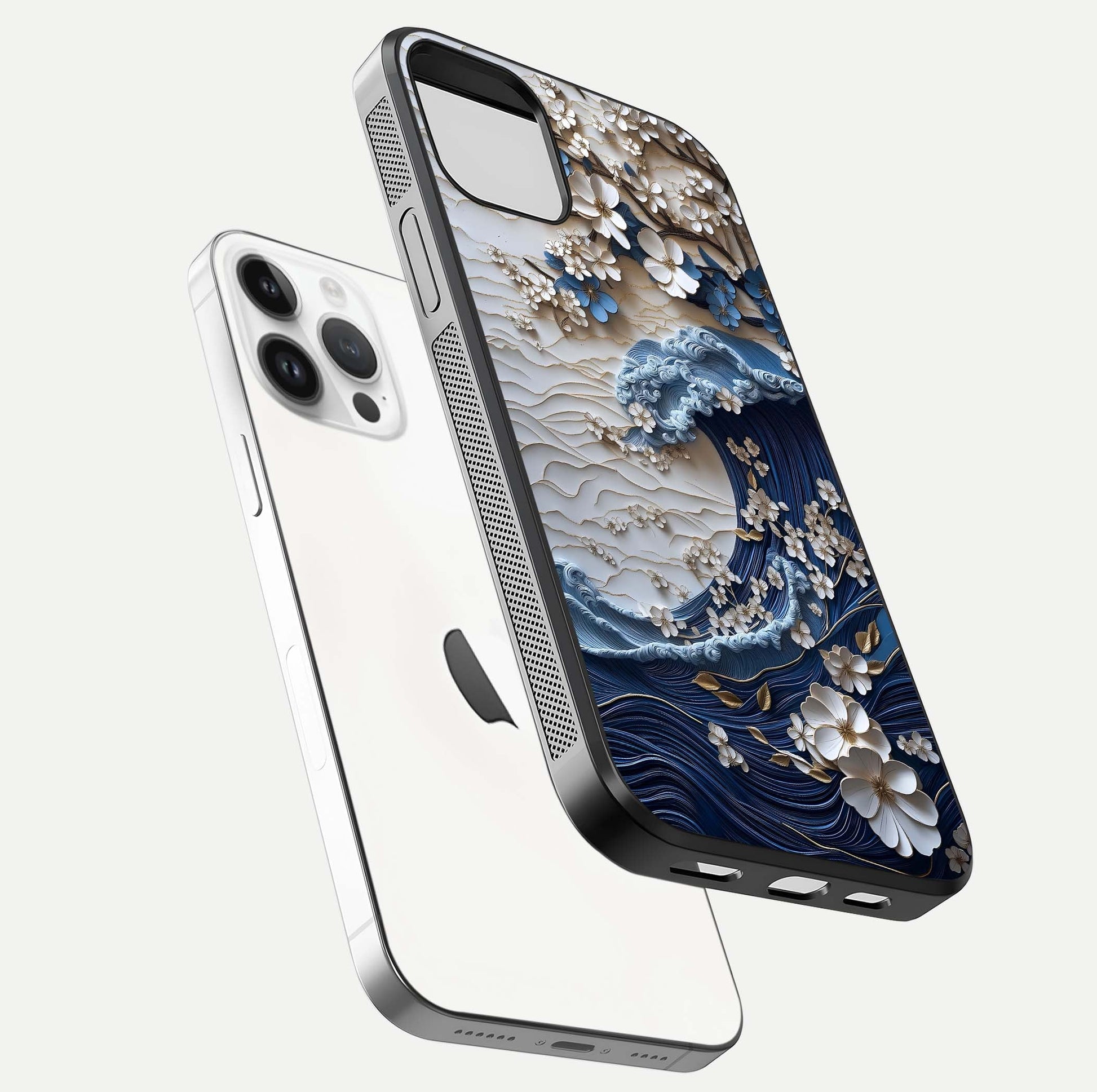 Blossom Wave Art Glass Case for iPhone 14 Pro floating mockup displaying pattern details and reflective shine