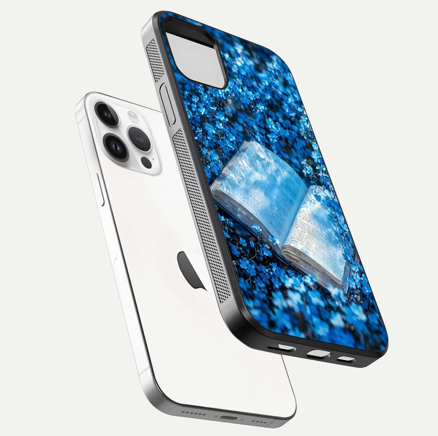 Blue Bloom Tales Glass Case for iPhone 14 Pro floating mockup showing detailed bloom and reflective surface
