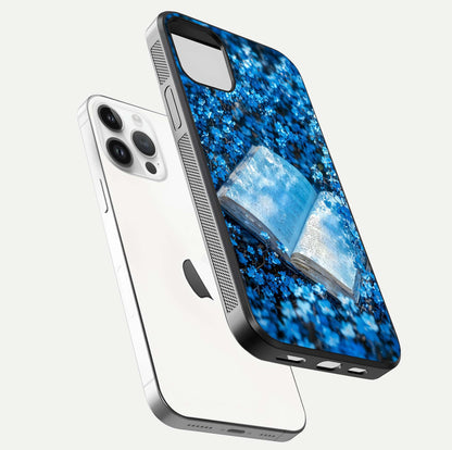 Blue Bloom Tales Glass Case for iPhone 14 Pro floating mockup showing detailed bloom and reflective surface