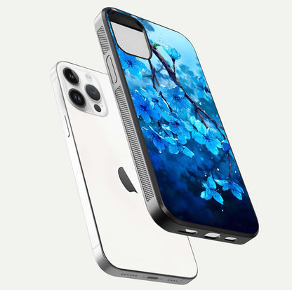 Blue Blossoms Branch Glass Case for iPhone 16 Pro floating mockup showing shine, curved edges, and branch detailing