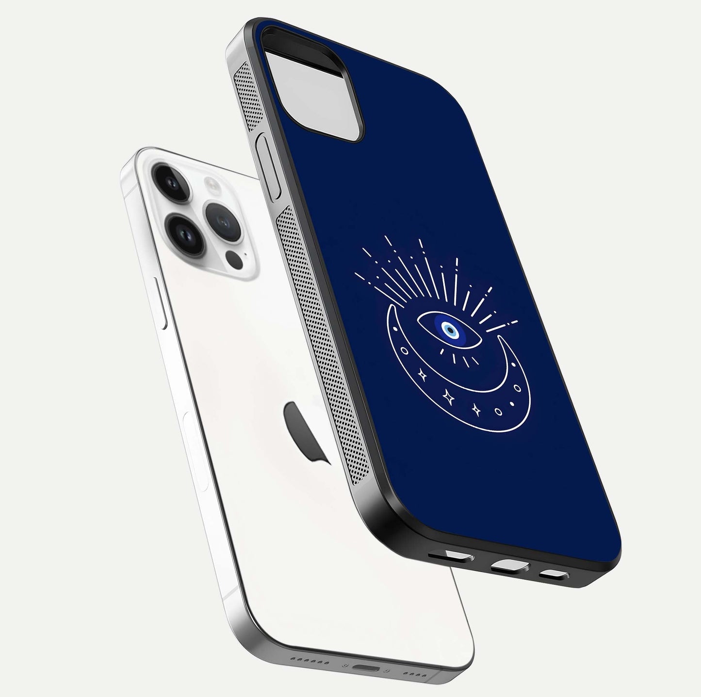 Blue Evil Eye Glass Case for iPhone 14 Pro floating mockup displaying glossy protection and spiritual artwork