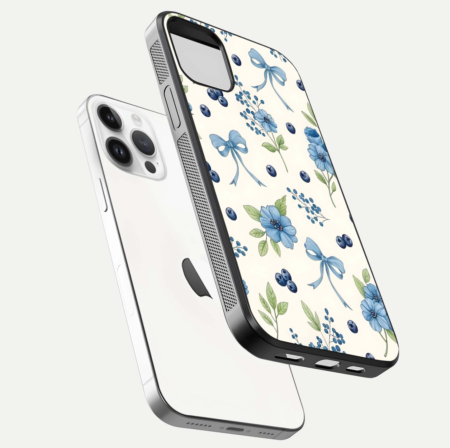 Blue Flower & Bow Glass Case for iPhone 16 Pro floating mockup capturing gloss reflection and girly aesthetic