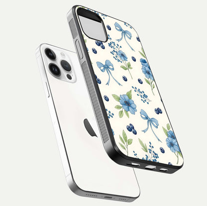 Blue Flower & Bow Glass Case for iPhone 16 Pro floating mockup capturing gloss reflection and girly aesthetic